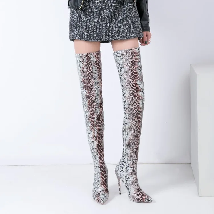 Abesire Woman Sexy Snakeskin Print Super Thin High Heels Thigh High Boots Female Pointed Toe Over Knee Boots Girls Dress Boots Abesire Woman Sexy Snakeskin Print Super Thin High Heels Thigh High Boots Female Pointed Toe Over Knee Boots Girls Dress Boots