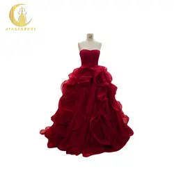 JIALINZEYI Реальный образец без бретелек темно-красный бальное платье с рюшами модные вечерние Формальное вечернее платье платья 2019