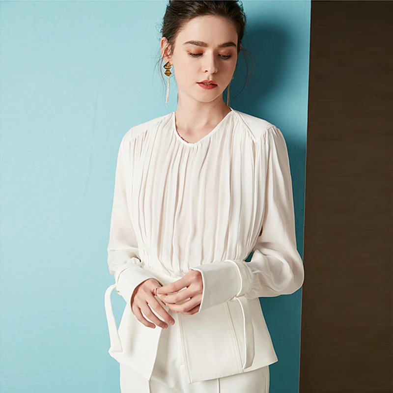 

Blouse Women Shirt 100% Silk Pleated Spliced Polyester Design O Neck Tie Long Sleeves 2 Colors Elegant Style Top Fashion 2019