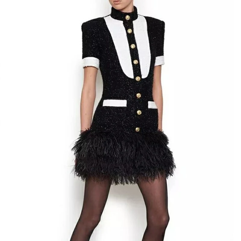 

High Quality Runway Designer Dress 2018 Autumn Winter Elegant Metal Buttons Feather Patchwork A-line Slim Dress Vestidos