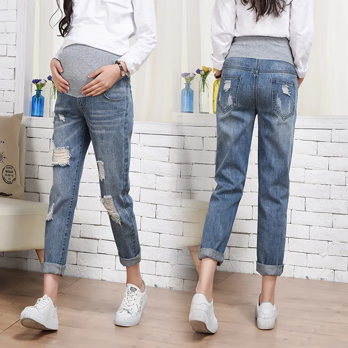 

High Waist Ripped Skinny Maternity Crop Denim Jeans Vintage Womens Plus Size Wide Waist Distressed Pregnancy Mom Jeans M to 4XL