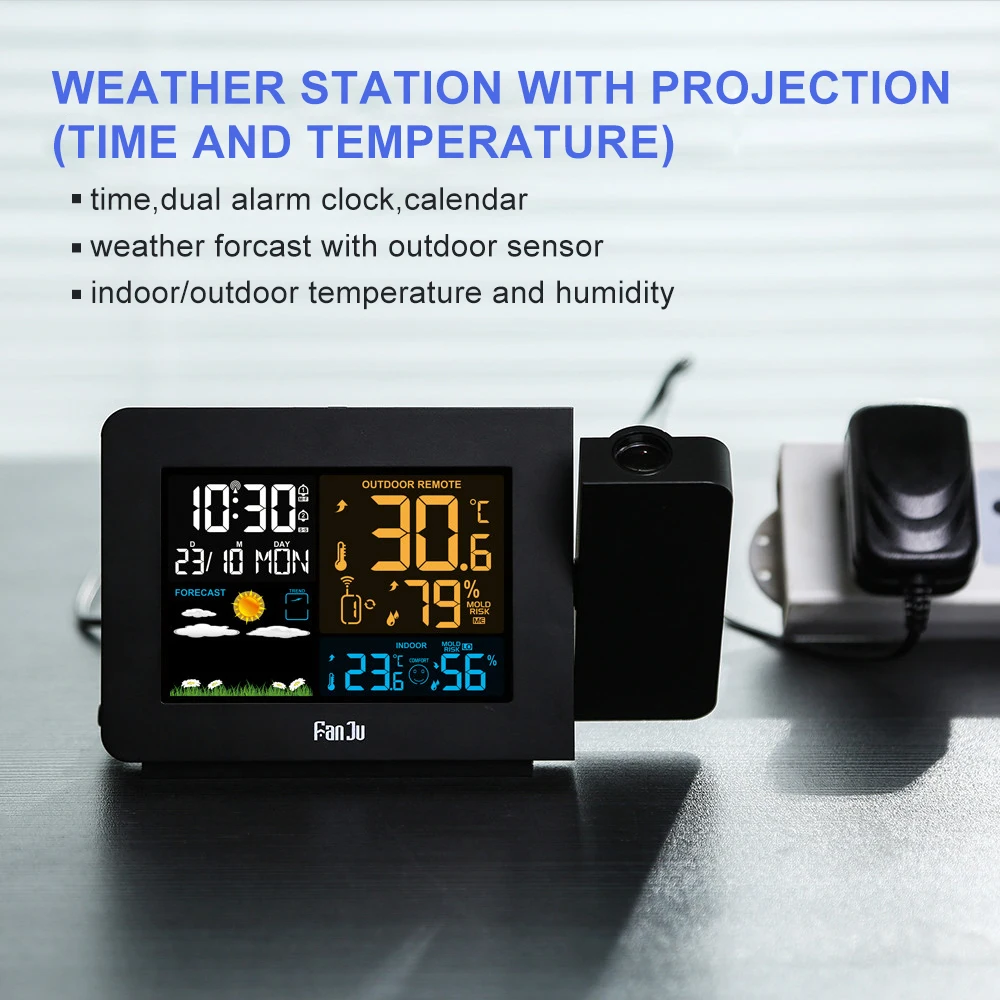 FanJu FJ3391 метеостанция с проекционным монитором погоды DCF радио управление календарь 7 языков Подсветка будильник