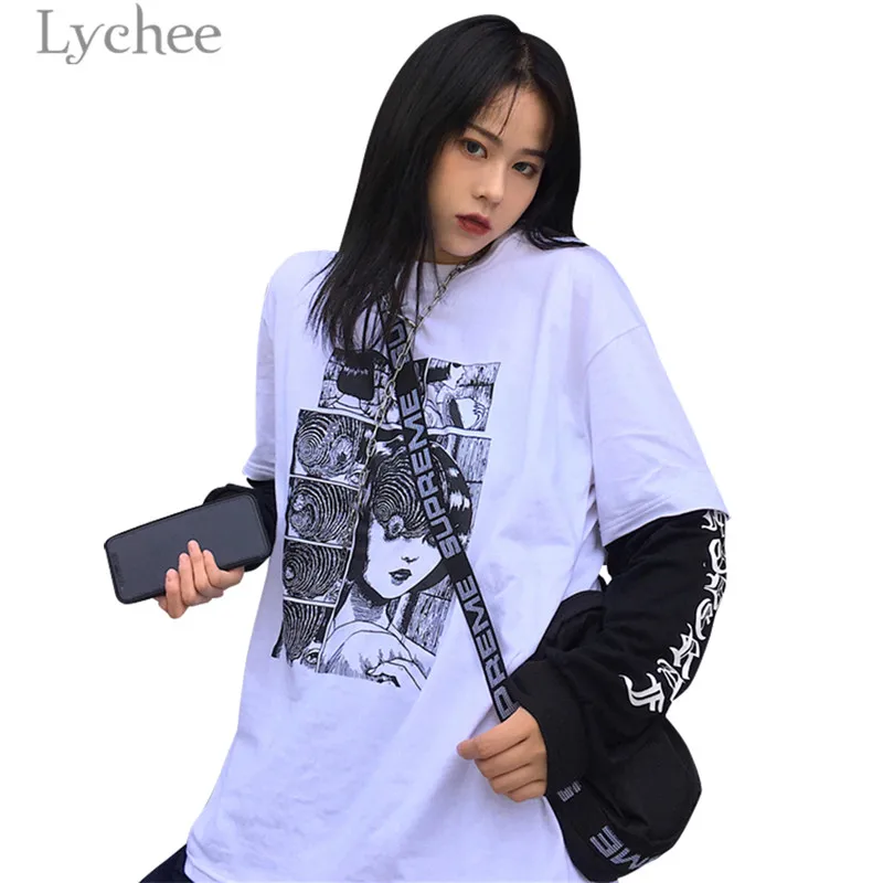 Lychee Trendy Comic Fake 2 Pieces Women T-Shirt Head Print Long Sleeve O-Neck Female T Shirt Casual Loose Tee Top