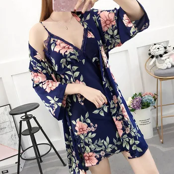 

Women's Floral Print Kimono Bathrobe Mini Nightdress 2pcs Suits Sexy Cami Dress Loose Sashes Sleepshirts Female Nightgowns Sets