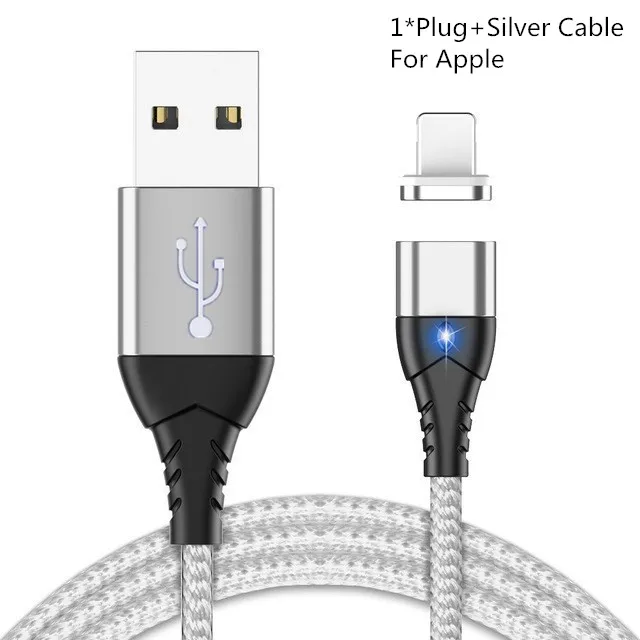 Магнитный зарядный кабель для телефона, Micro USB кабель для iPhone XR XS Max X Xiaomi, магнитное зарядное устройство, usb type C, светодиодный кабель для зарядки - Цвет: Silvery For Apple