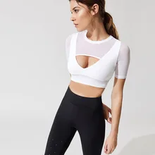 Women Yoga Shirts Sweatshirts Hollow Mesh Pad Crop Top Tank Top Short Tshirt Running Jogging Fitness Gym Workout Athletic Shirts