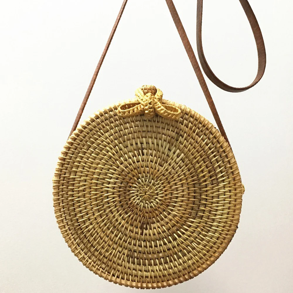 Vietnam Handmade Rattan Woven Bag Fashion Summer Beach Round Shoulder Bag Small Crossbody Bag