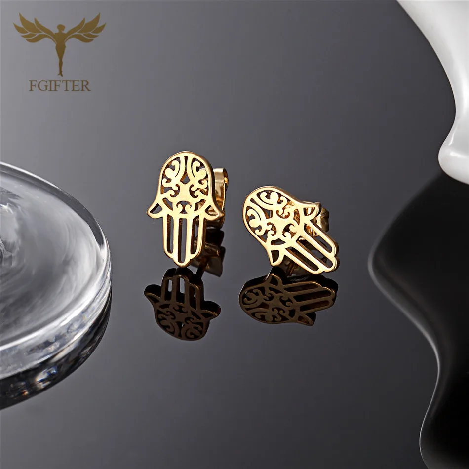 Small Earrings for Girl Hollow Vintage Design Fatima Hamsa Hand Stud Earring Jewelry Golden Stainless Steel Women Accosseries 2