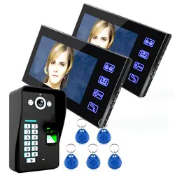 HD 7 "проводная система распознавания отпечатков пальцев видеодомофон 2 монитора + 1 комплект ИК камера ночного видения + 5 шт. RFID брелоки