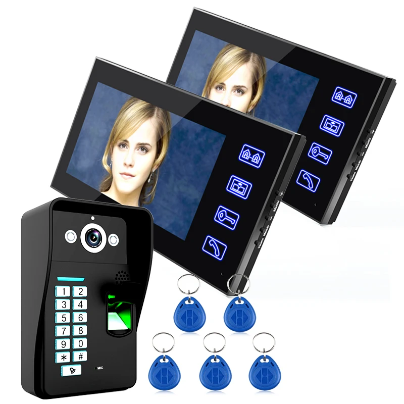 HD 7\ Wired Fingerprint Recognition Video Door Phone Intercom System 2 Monitor+1 Kit IR Night Vision Camera +5pcs RFID Keyfobs