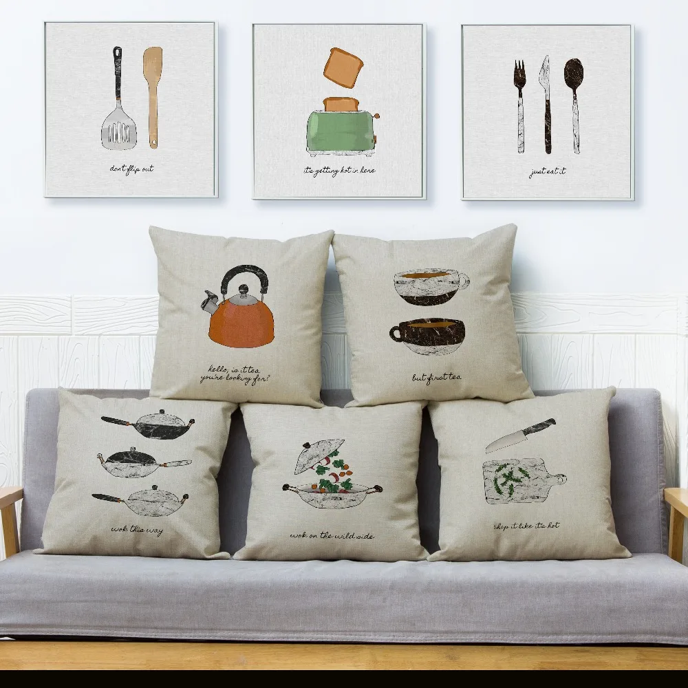 

Nordic Simple Kitchen Supplies Print Cushion Cover Linen Pillow Covers 45*45cm Square Throw Pillows Cases Home Decor Pillowcase