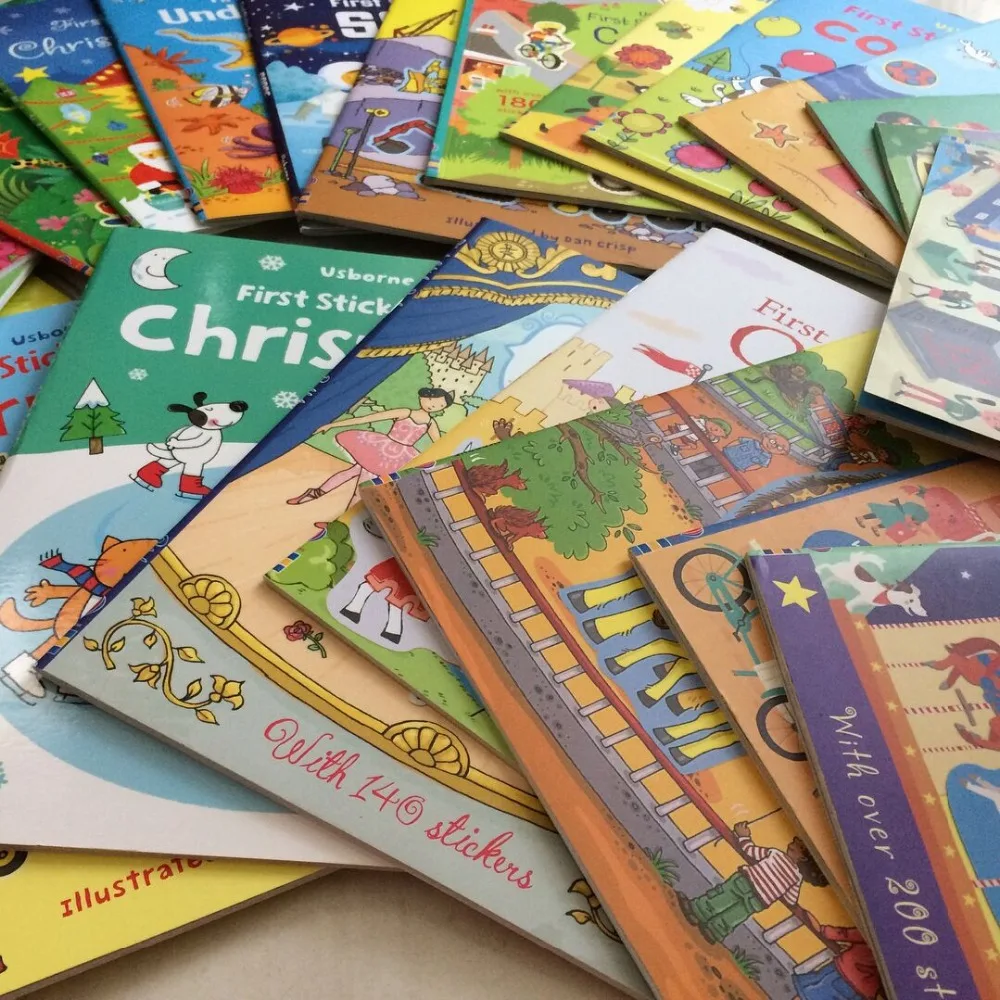 5 книг/набор Usborne Детская английская наклейка с изображением книги-раскраски обучающие книги детские наряды/Рождество/стикеры автомобили