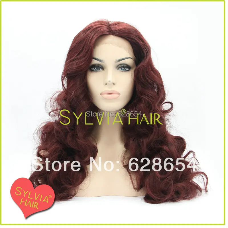 

Free shipping 99j burgundy heat resistant long wavy synthetic lace front wig