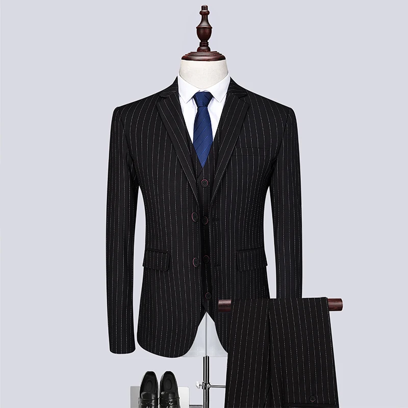 Мужской костюм для церемонии, приталенный костюм с вертикальными полосками, блейзер, жилет, брюки для Tuexdos, Нарядные Костюмы, свадебный пиджак, пальто, S-6XL - Цвет: Черный