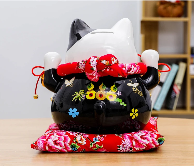 10 дюймов японская керамика Maneki Neko Lucky статуя кота фарфоровая черная удача кошка копилка фэншуй орнамент украшение дома