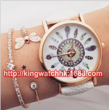 

100pcs/lot, Indian Ethnic Style Retro Totem Feather Artistic Fashion Leather Watch Casual Gold Plated Quartz Wristwatch