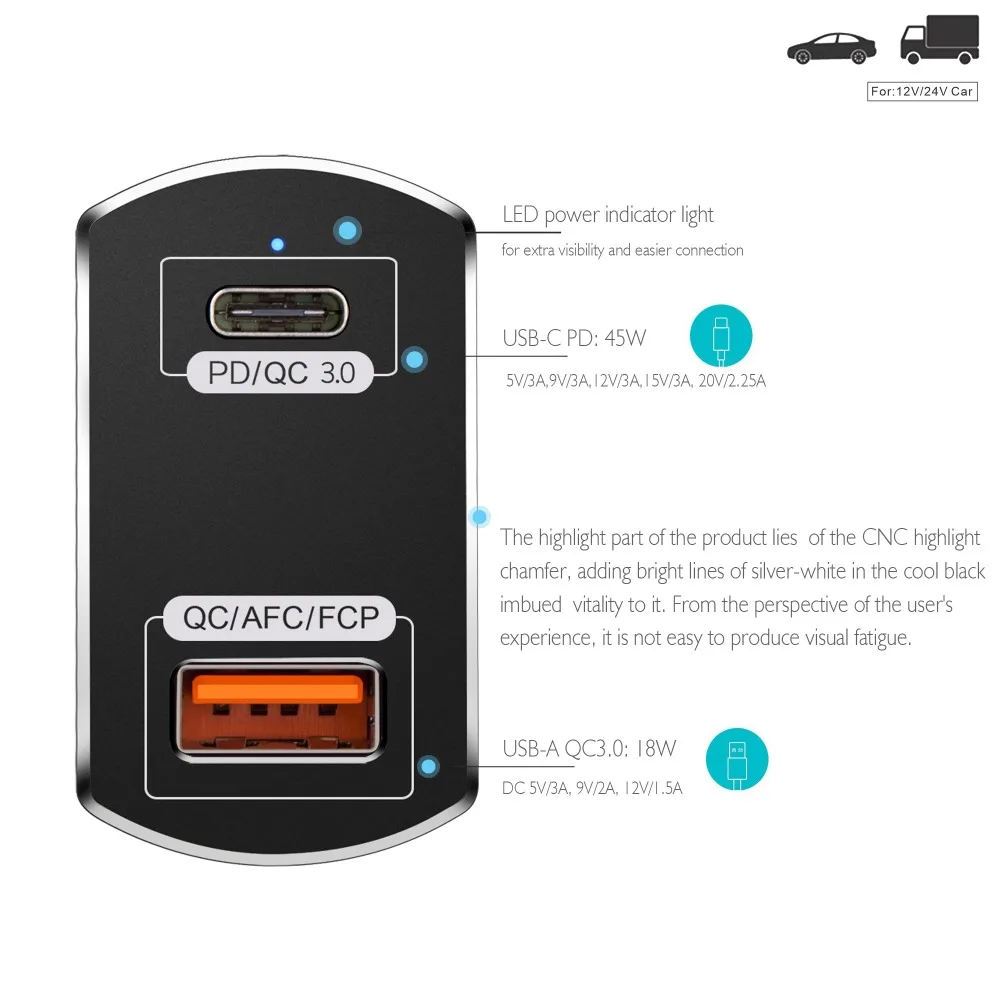 45W USB C PD Car Charger with Power Delivery Quick Charge 3.0 USB-C 18W QC3.0 USB Car Charger Adapter for Laptop Notebook 45W USB C PD Car Charger with Power Delivery Quick Charge 3.0 USB-C 18W QC3.0 USB Car Charger Adapter for Laptop Notebook