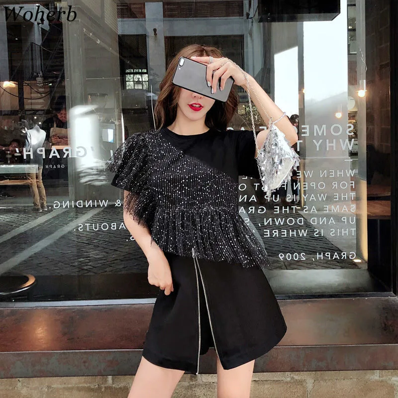 

Woherb Summer Korean Modis Black T Shirt Women Asymmetrical Gauze Patch Ruffle Mesh Top 2019 Loose Elegant Lady T-shirts 22527