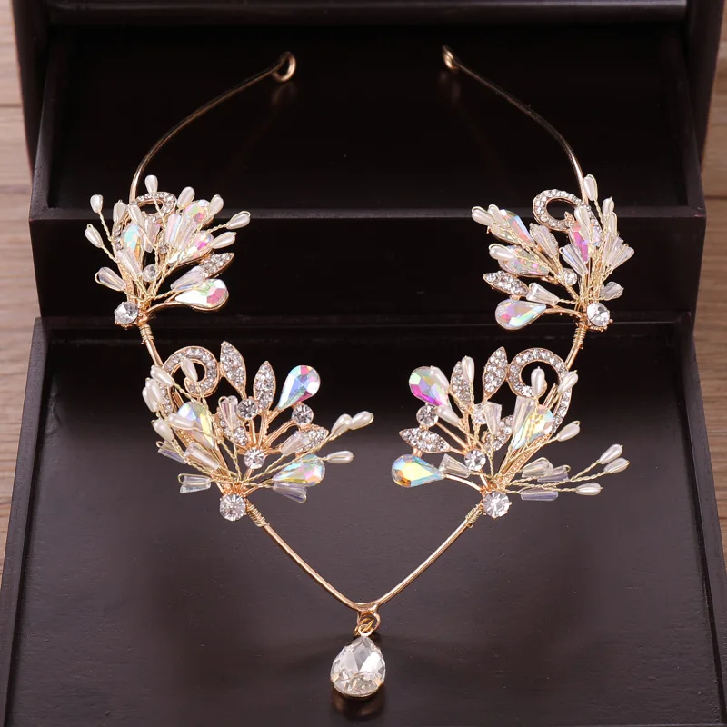 

Gold AB Crystal Bridal Hair Accessory Wedding Rhinestone Colorful Flower Tiara Crown Headband Frontlet Bridesmaid Hair Jewelry