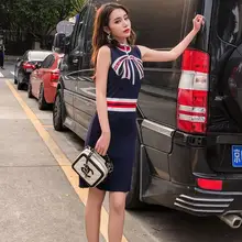 Fashion Designer Women Contrast Stand Collar Bow Embroidery Knitted Dresses Zip Sleeveless Runway Embroidery OL Dress contrast collar and cuff grid dress