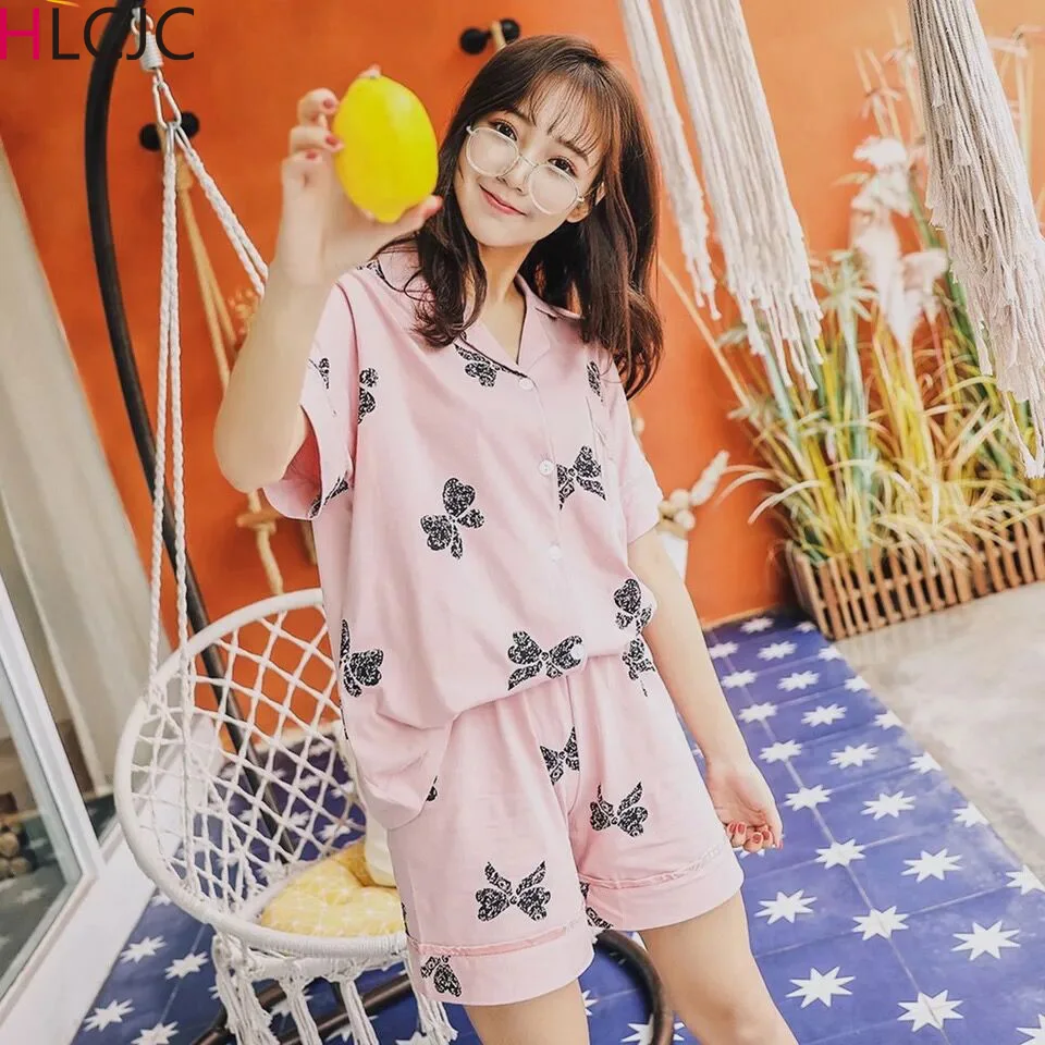 

2019 Women Pajama Sets Simple Cute Bow-knot Printed Cotton Fashion Causal Pyjamas Sweet Candy Color Lady Gift Female Sleepwear
