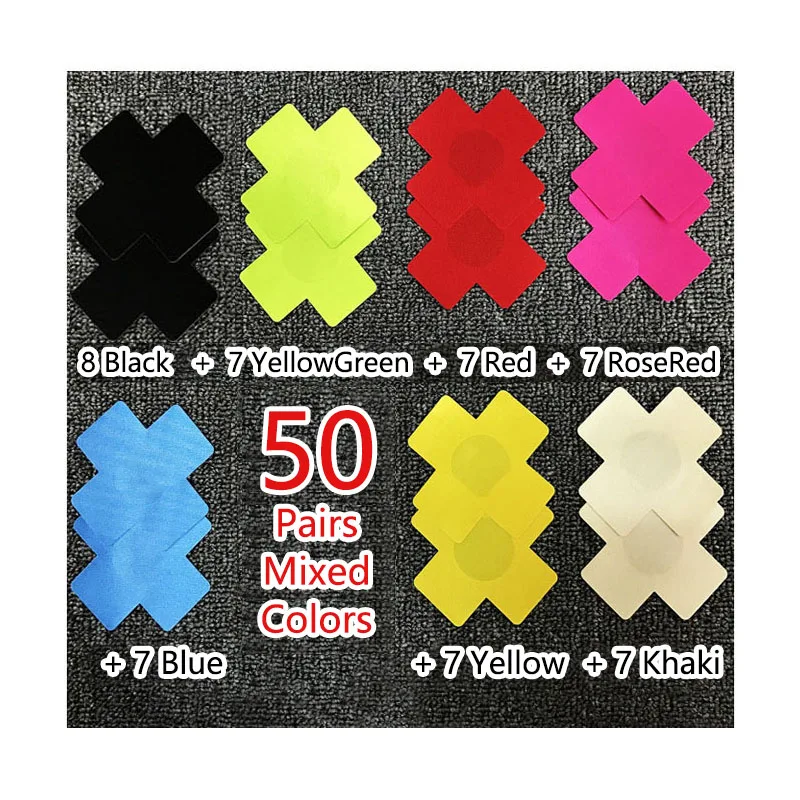 Горячие сексуальные 50 пар(100 шт) печать 7 цветов выбор Крест/X Одноразовые самоклеющиеся покрытия для сосков - Цвет: Многоцветный