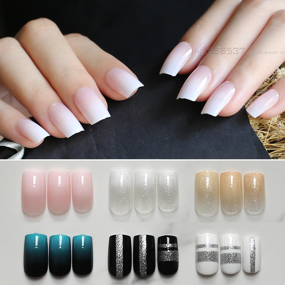 

Pink Long false nails nude flash nails Gradient 24pcs white Naturally transparent Full set shiny black with Stickers Easy match