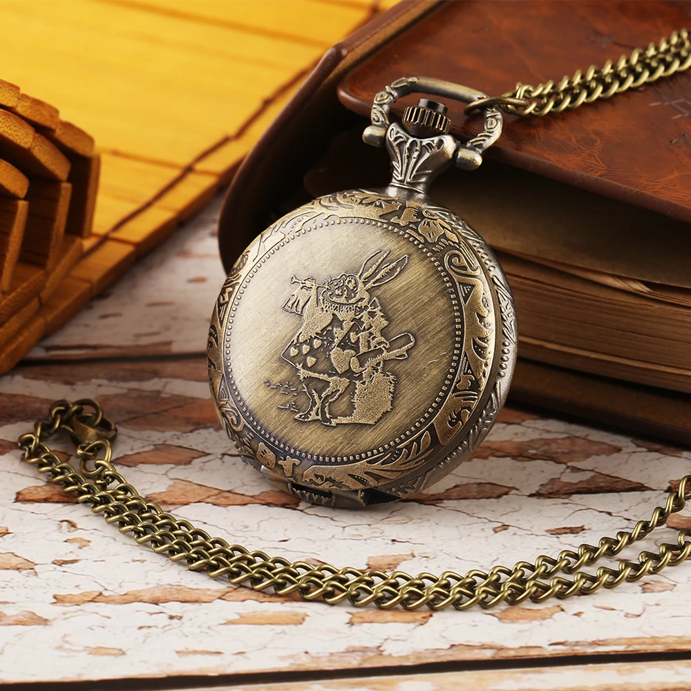 Средний Кролик Дизайн Бронзовый кварцевые карманные часы с цепочкой мужской женский Нержавеющая сталь круглый Форма подвеска брелок