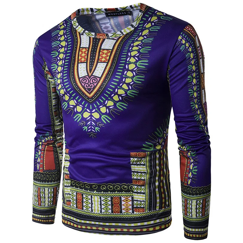 Мужская гладкая футболка с длинным рукавом, Винтажная футболка с геометрическим узором и круглым вырезом, 7 цветов, топы, индийский Африканский этнический хиппи, 809-318