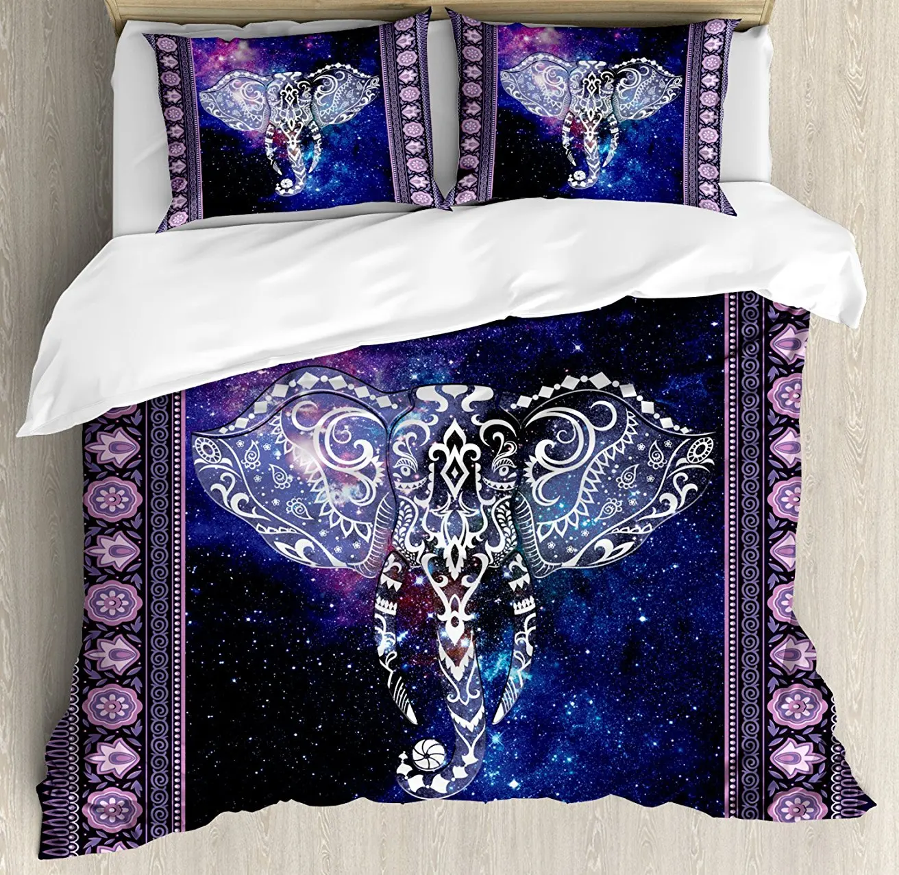 

Duvet Cover Set, Elephant in a Frame on Outer Space Galaxy Stars Andromeda Background Art Print, 4 Piece Bedding Set