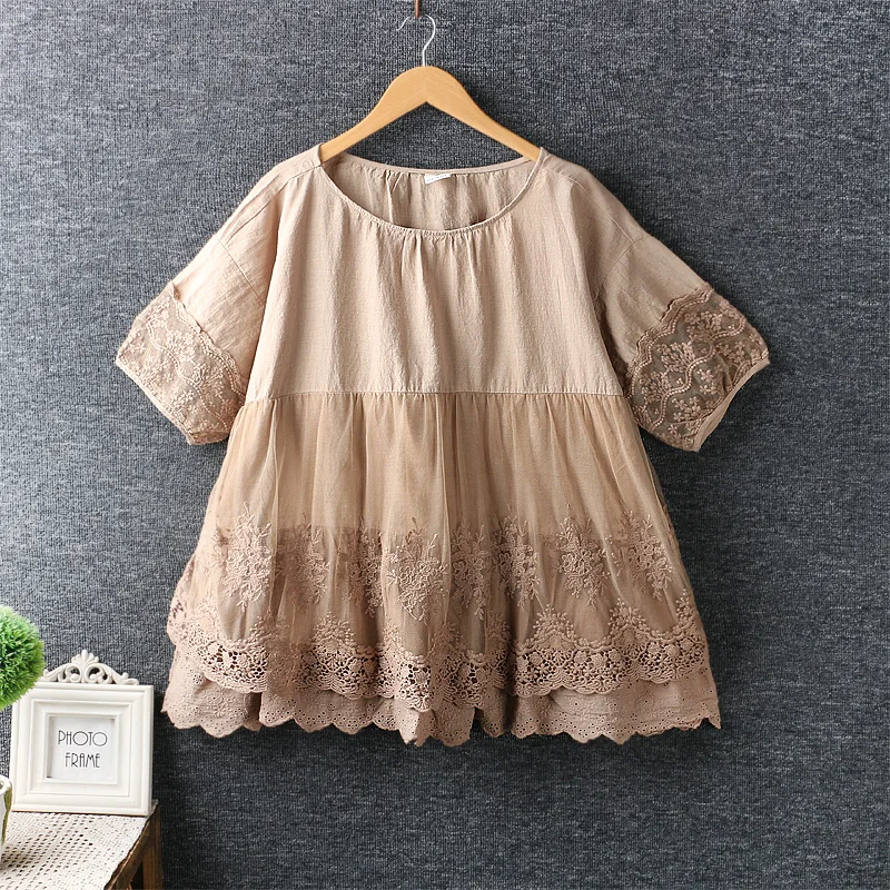 

2019 new summer women blouse Japan style Literary fresh O-Neck Lace embroidery pullover women short sleeve loose shirt women