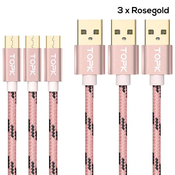 TOPK [3-Pack] Micro USB кабель 2A Быстрая зарядка мобильный телефон кабель синхронизации данных для Xiaomi Redmi 4X samsung Galaxy S7 Кабель зарядного устройства - Цвет: RoseGold