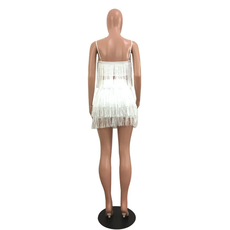 conjunto feminino top tassel saia branco de borla curta