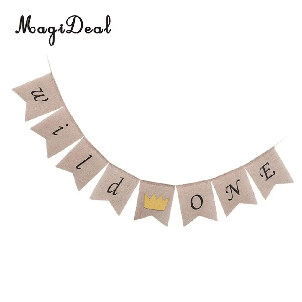 MagiDeal Vintage Burlap Wild One Banner with Crown 1st Birthday Baby Shower Party Garland Sign Cake Smash Wall Mantel Decor