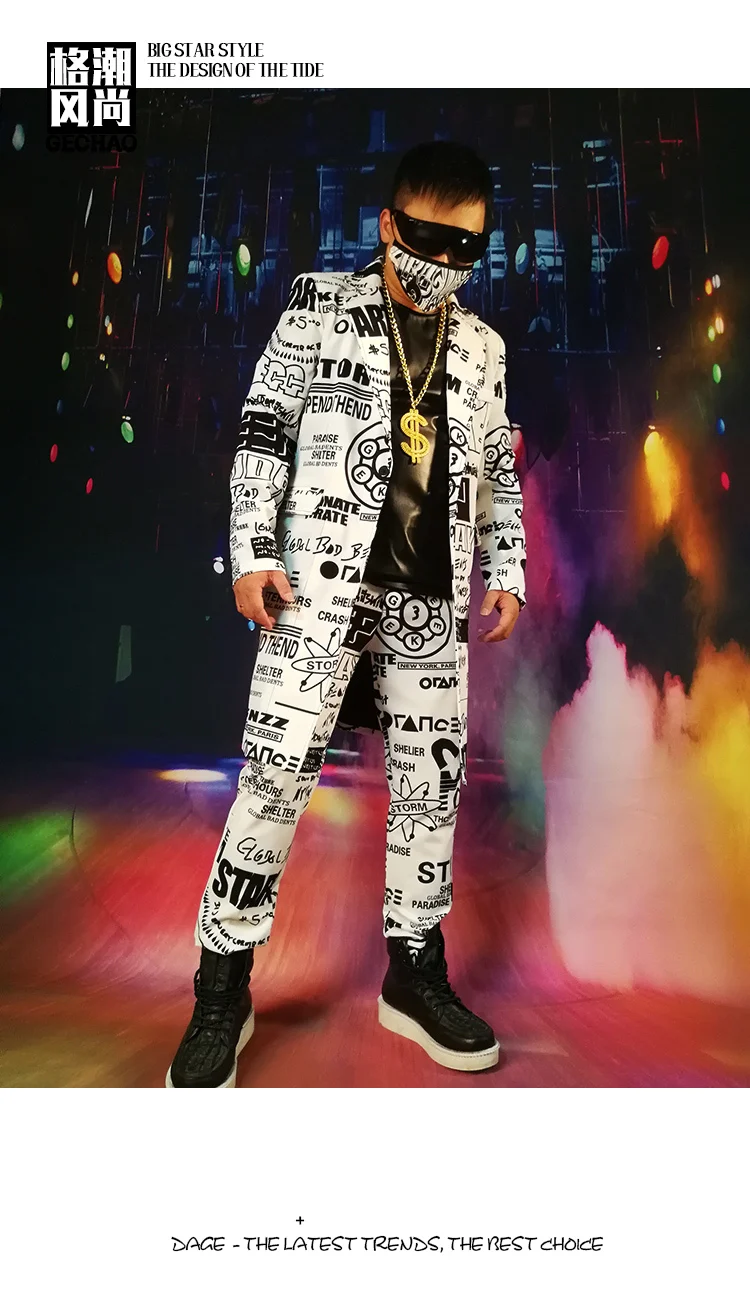 M-6XL! черный и белый буквы граффити хип-хоп Средний длинный костюм для певцов в ночном клубе DJDS костюм парикмахер прилив костюм