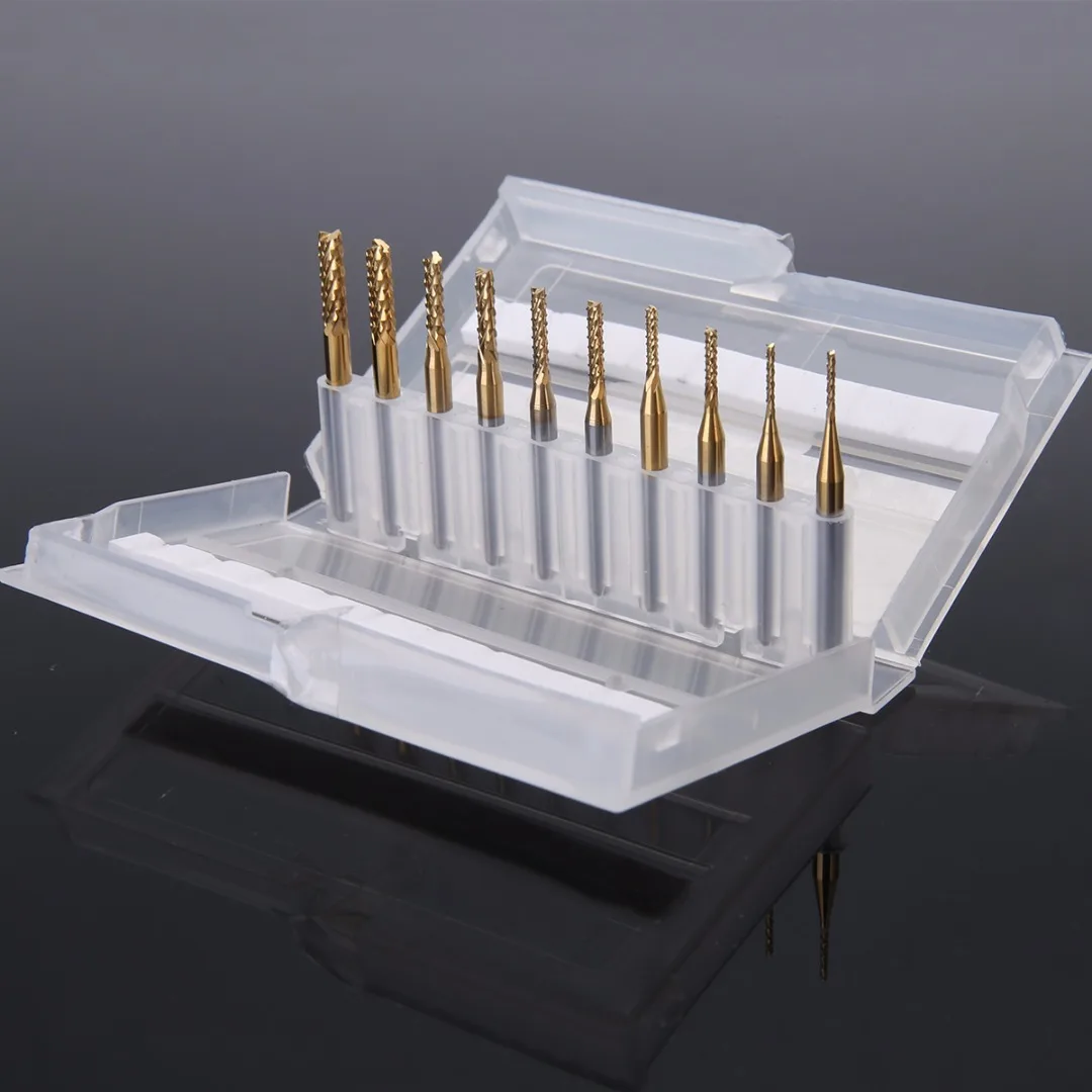 

Titanium Coated Carbide End Mill Set 1mm 1.5mm 2mm 2.5mm 3mm CNC PCB Engraving Bit