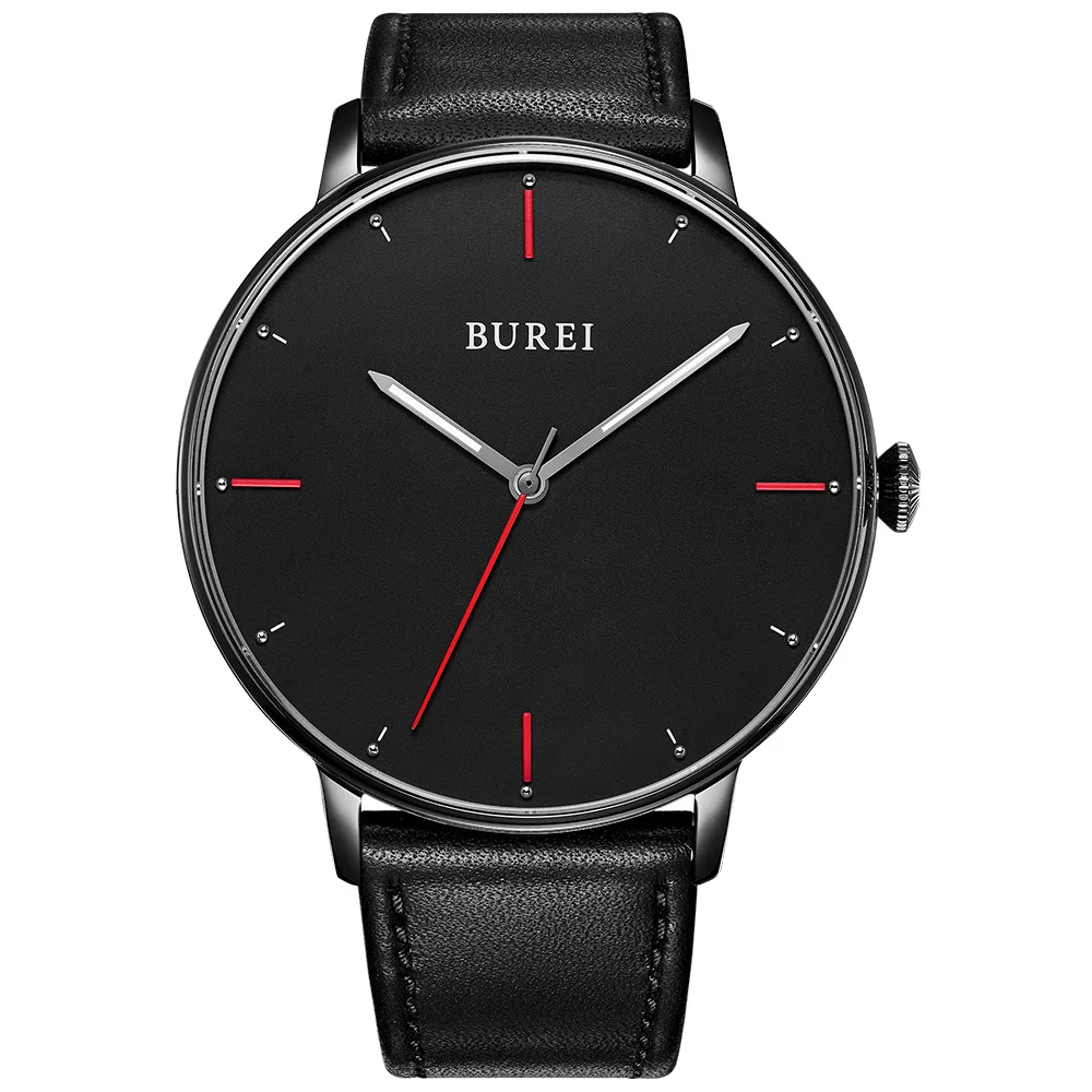 

BUREI Men Women Ultra Slim Minimalist Quartz Watches with Big Dial Date Leather Band