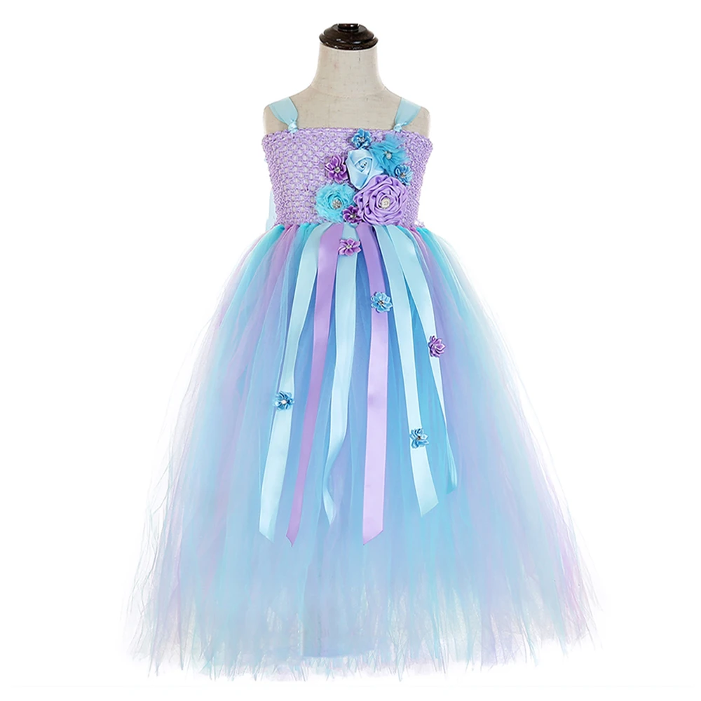 Elegant Purple Top Blue Mesh Tulle Tutu Dress Princess Kids Unicorn Lol Dress for Girl Ankle Length Flower Girls Dresses Age 13 (3)