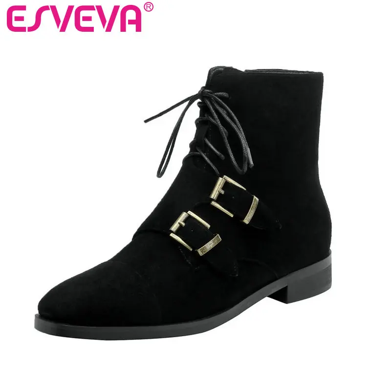 

ESVEVA 2020 Women Shoes Winter Ankle Boots Flock Square Low Heel Zipper Motorcycle Fashion Platform Boots Size 34-39
