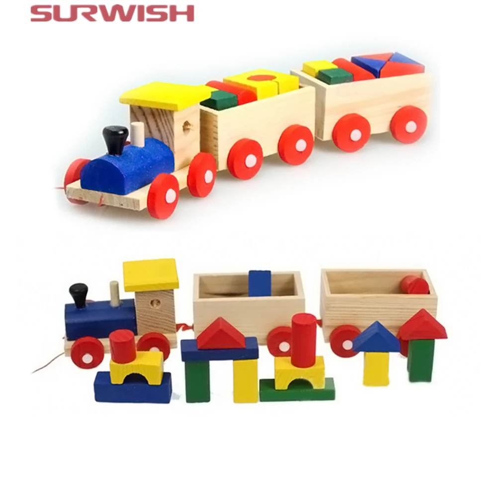 Surwish Three Section Pull Along Train with Building Blocks Children Baby Educational Wooden Toys baby-building-blocks