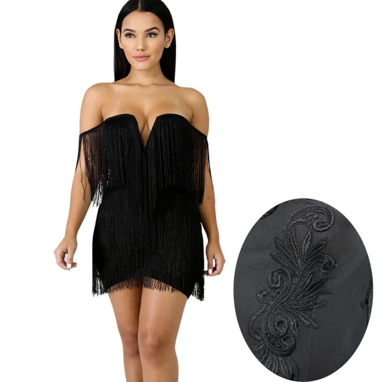 Платье с бахромой, сексуальное Клубное облегающее платье, женские летние платья, мини-халат с v-образным вырезом, белое черное платье-футляр с открытыми плечами, Vestido Verano - Цвет: black