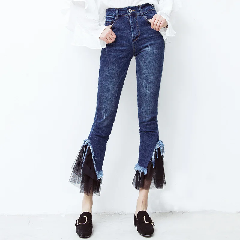 

The new spring 2017 han edition of splicing lace tight flared jeans women's nine minutes of pants 201723