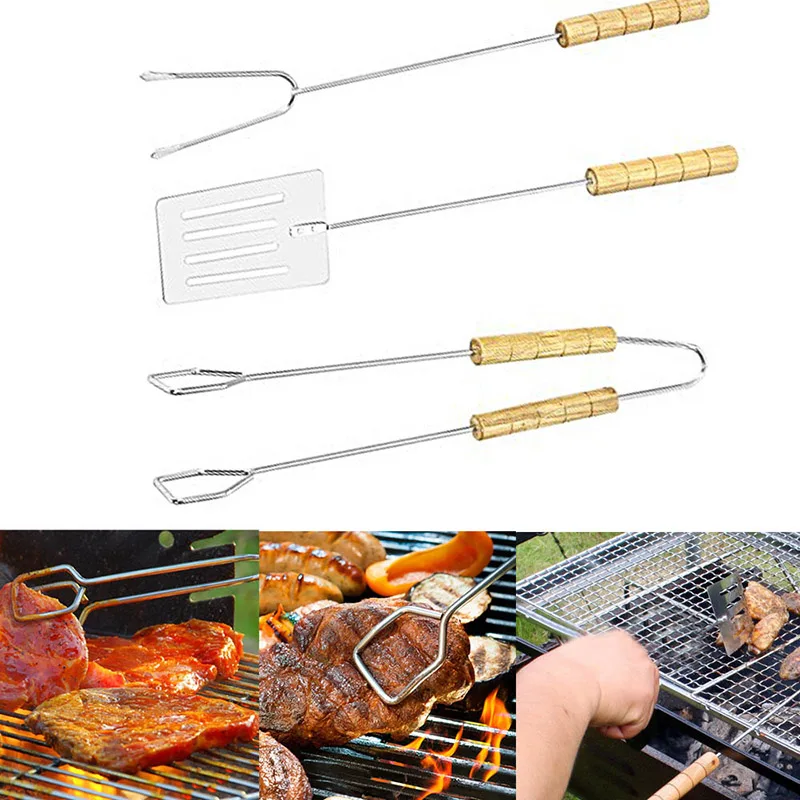 3pcs BBQ Tool Set Spatula Fork Clamp Shovel Tong with Long Handles Grip