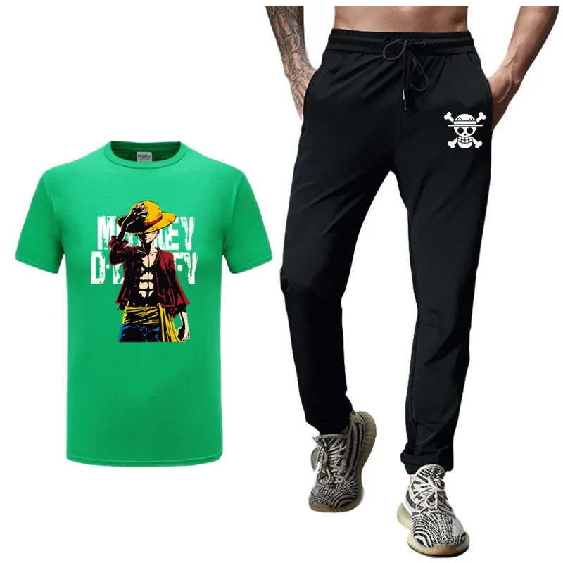Одна деталь Луффи спортивный костюм модные комплекты Для мужчин футболка+ Штаны Повседневная Костюмы комплекты из 2 предметов футболка аниме летние мужские футболки