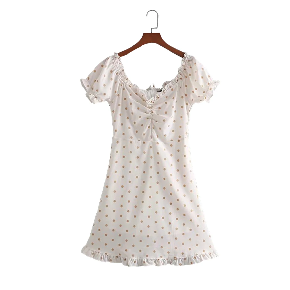 

Women Summer Vintage Dot Mini Dress Short Sleeve Back Zip V-Neck Ruffles Dresses Female Elegant Sweet Dress vestidos