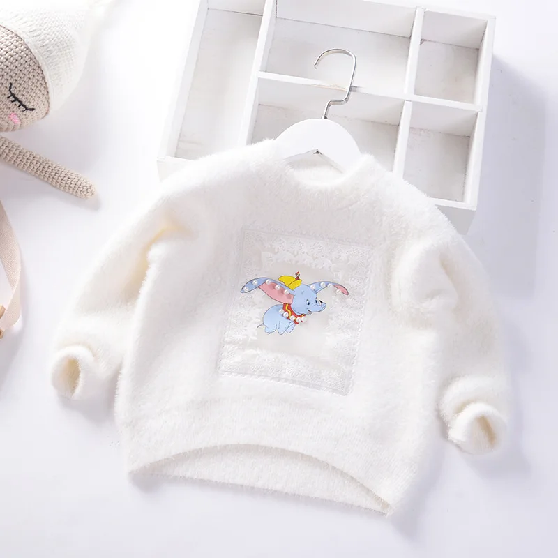 Осенне-зимний теплый свитер для девочек пулловер для принцессы норковая бархатная вязаная детская одежда С Рисунком Слона - Цвет: Белый