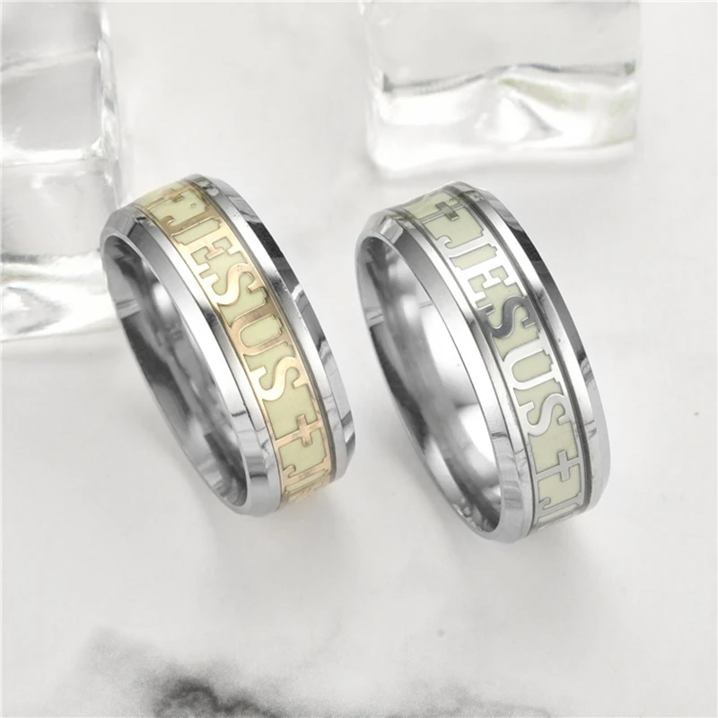 ELSEMODE Luminous JESUS Cross Christ Ring Titanium Steel Glowing In The Dark Wedding Engagement Rings For Women Men Jewelry