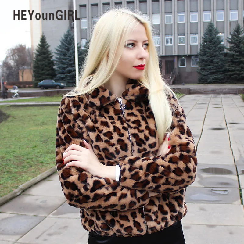 

HEYounGIRL Leopard Print Faux Fur Coat Plush Fake Fur Jacket Luxury Winter Coats Women Long Sleeve Warm Overcoat Autumn 2018