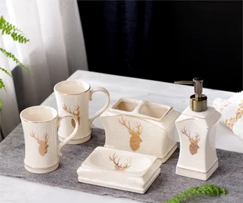 

Norbic Wapiti Ceramic 5PCS Bathroom Accessories Liquid Bottle Dispenser Porcelain Soap Toothbrush Holder Home Decoration LFB284