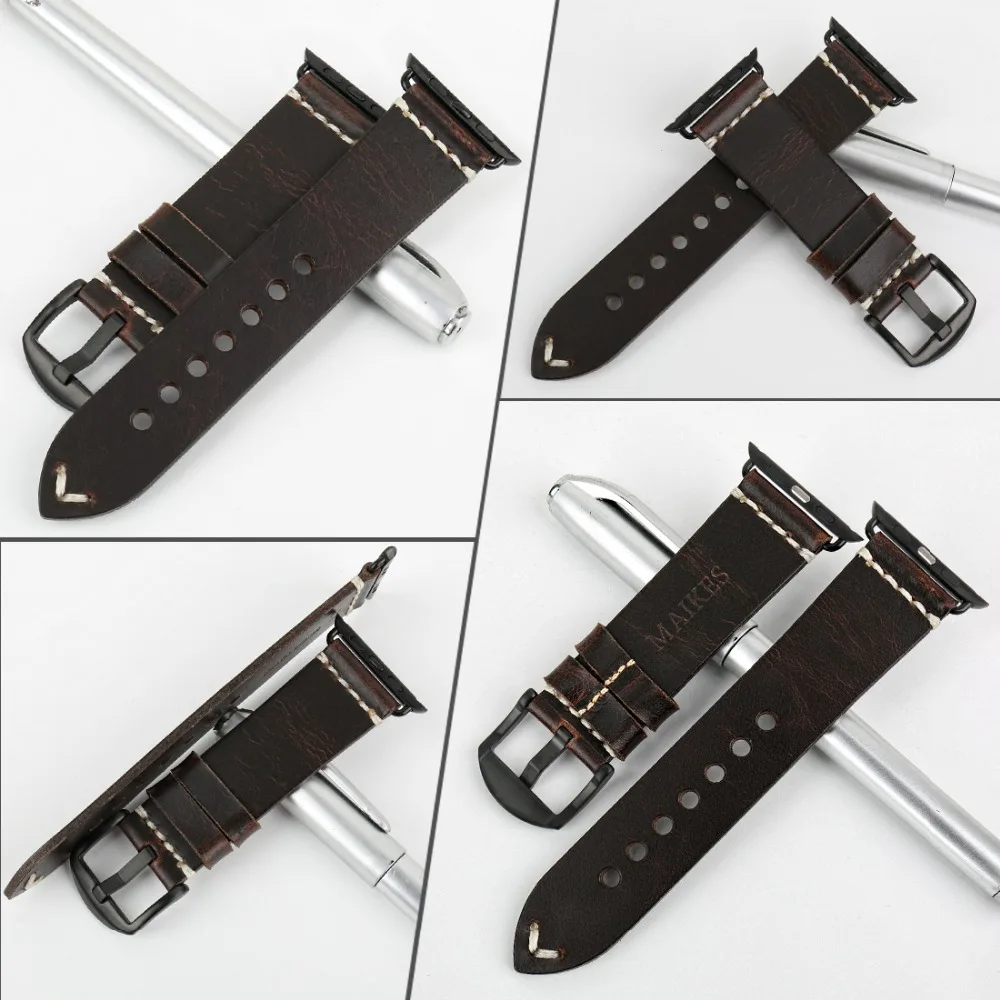 Cheap MAIKES Watch Accessories Bracelets Genuine Leather Strap For Apple Watch Strap 44mm 40mm iWatch Bands 42mm 38mm Watchband